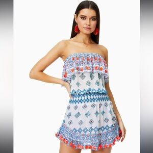 RAMY BROOK Mira Tassel-Trim Strapless Printed Mini Dress Medium